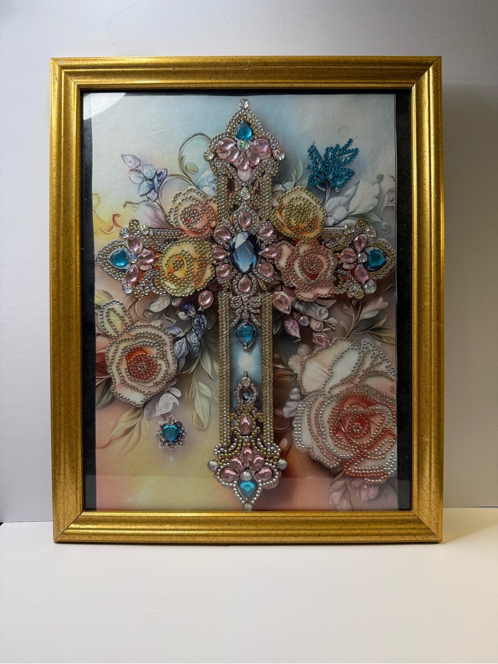 Framed Diamond Art Jeweled Cross Floral Wall Art Handmade Gold Frame